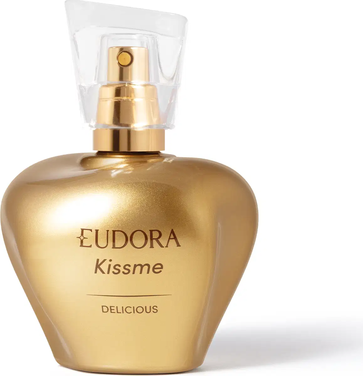 Frasco dourado de perfume Eudora Kissme, com rótulo em dourado e branco, contendo texto "Delicious". O frasco possui um design elegante e moderno, com um bico pulverizador na parte superior.