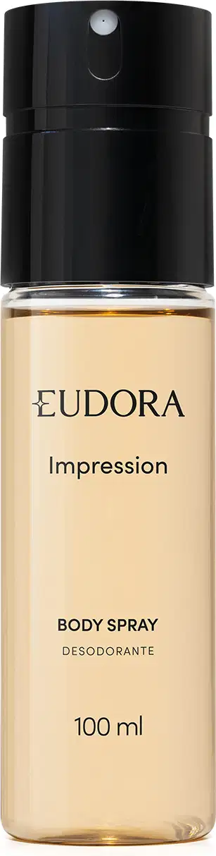 Frasco de spray corporal da linha Impression da marca Eudora, com embalagem com tampa preta e frasco transparente levemente dourado, contendo 100 ml do produto.