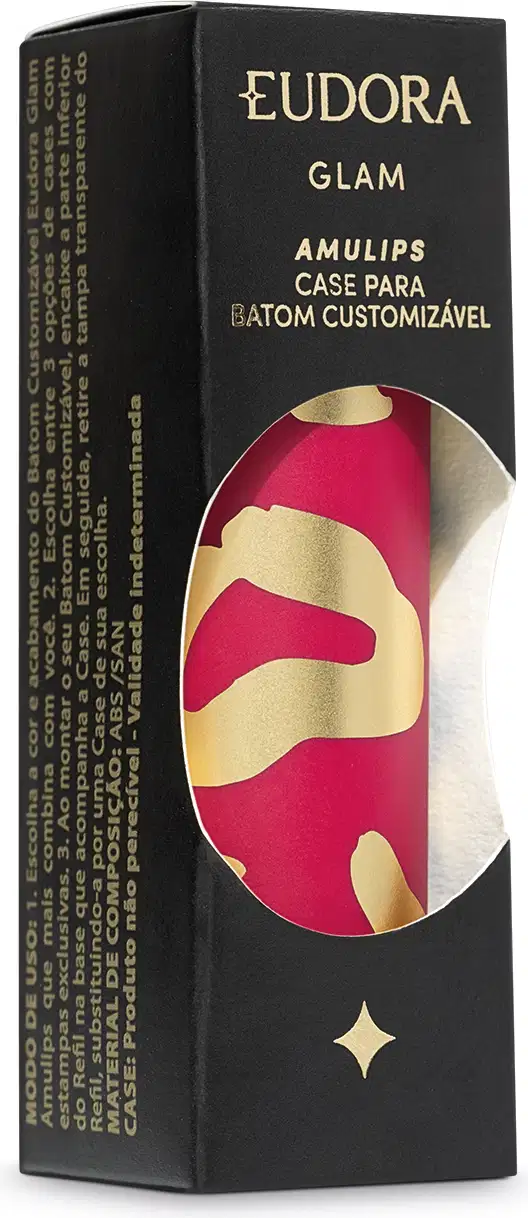 A imagem mostra a caixa da case da case para batom customizável Amulips. A embalagem é preta e apresenta texto em dourado onde se lê: Eudora Glam Amulips Batom Customizável.
