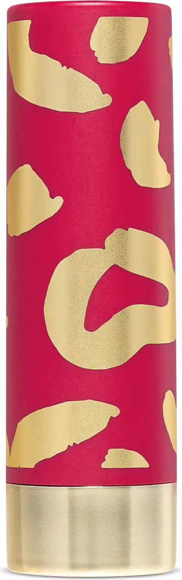 A imagem mostra a case do batom Amulips. A case tem um padrão abstrato de animal print, arredondadas em dourado sobre um fundo vermelho vivo.