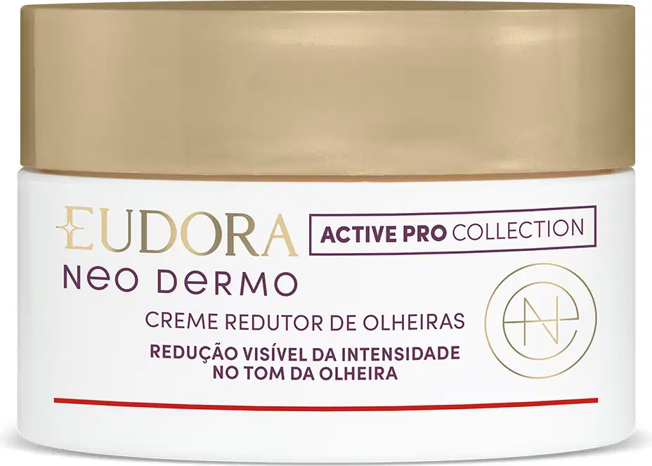 Embalagem topo pote do Creme redutor de olheiras da linha Neo Dermo da Eudora. Embalagem branca, redonda com tampa de rosquear dourada, rótulo em tons dourados no fundo branco com informações sobre a redução visível da intensidade das olheiras.