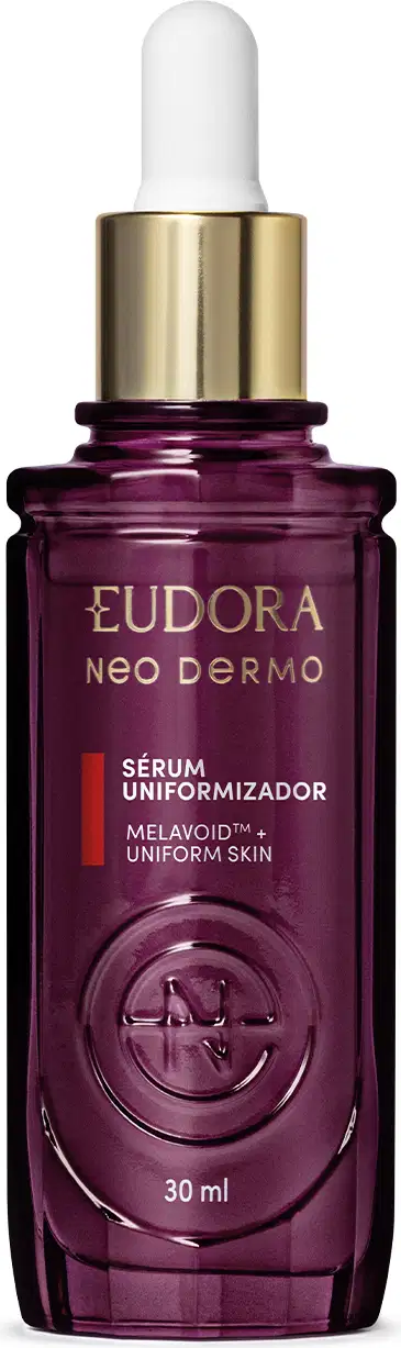 Frasco de vidro de cor roxa com conta-gotas dourado, contendo sérum uniformizador da marca Eudora Neo Dermo. O rótulo destaca o nome do produto e sua função de uniformizar a pele.