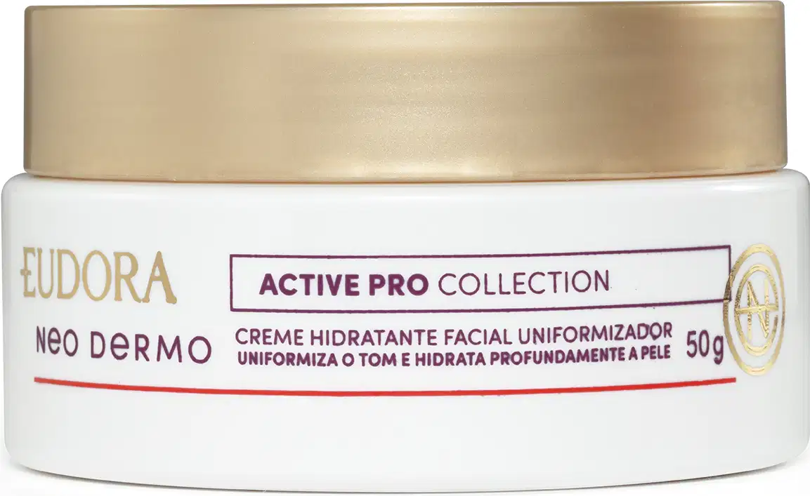 Embalagem tipo pote do Creme hidratante facial uniformizado. embalagem branca, redonda, com tampa de rosquear na cor dourada, rótulo em tons de dourado, bordô e vermelho em fundo branco, 50g do produto.
