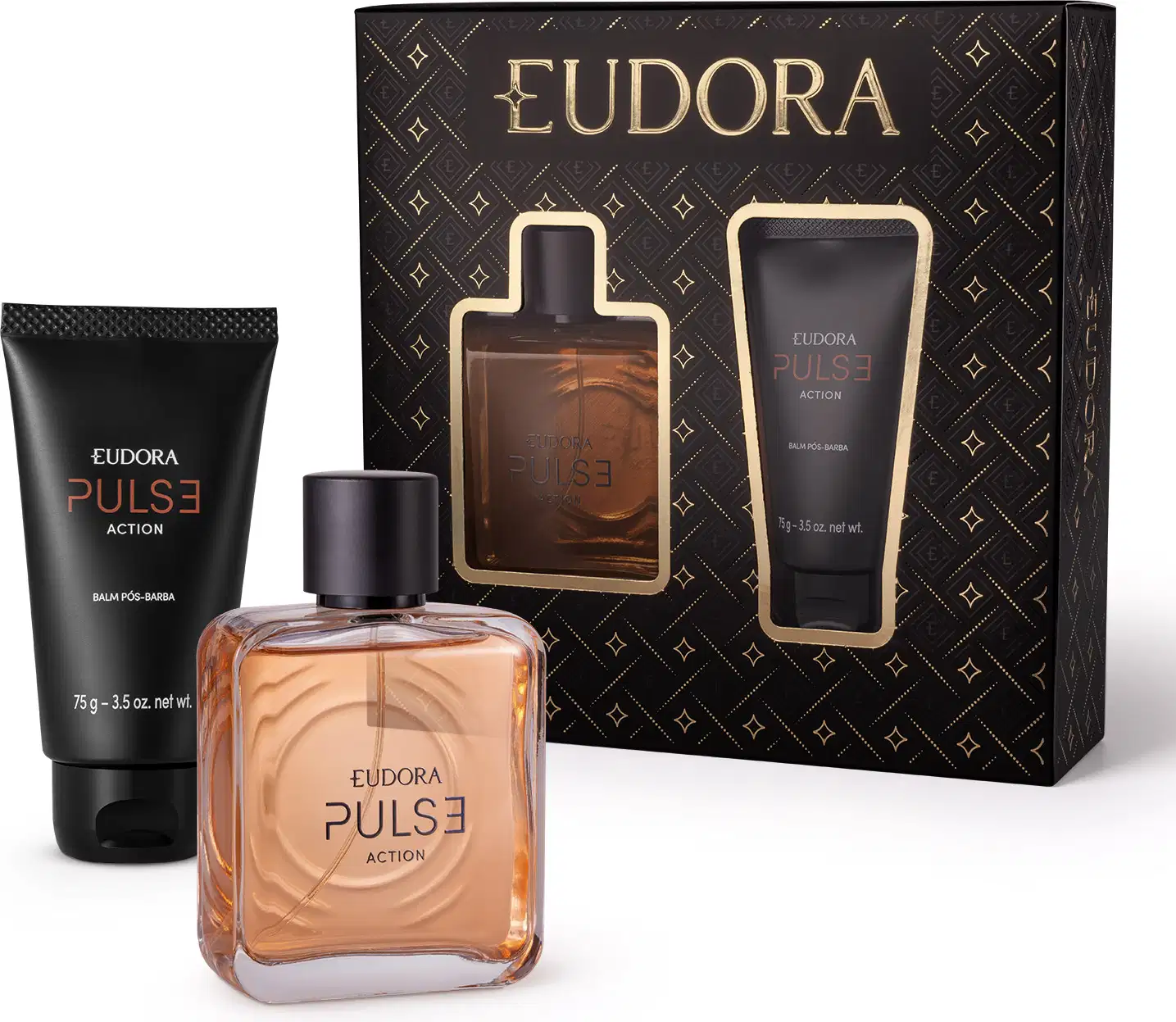Conjunto Pulse Action composto por uma caixa elegante preta com o logotipo Eudora em dourado, na sua frente um frasco de vidro de Pulse cor âmbar e um tubo de bálsamo pós-barba. Todos os itens exibem o nome Pulse Action e logo Eudora de forma proeminente.
