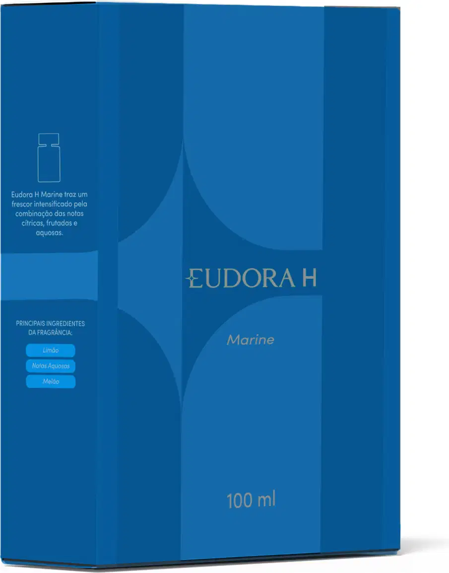 Caixa retangular, toda em azul da linha Eudora H Marine, contendo um frasco de 100 ml. A embalagem apresenta informações sobre os principais ingredientes e características do produto.