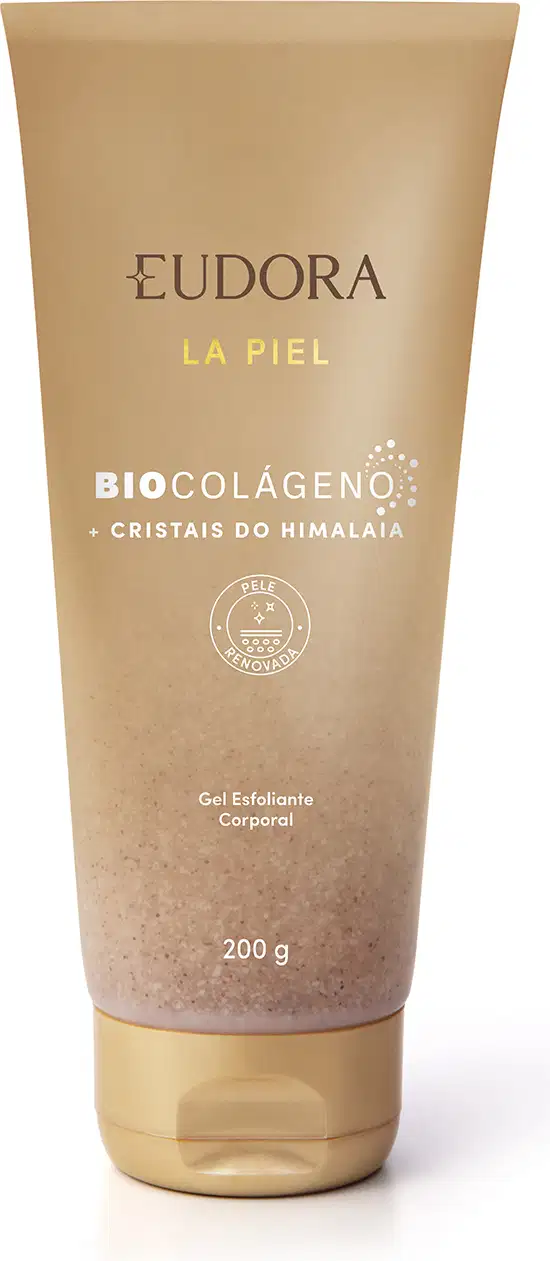 Tubo de gel esfoliante corporal da marca Eudora, da linha La Piel, com ingredientes de biocolageno e cristais do Himalaia, em embalagem bege e dourada.