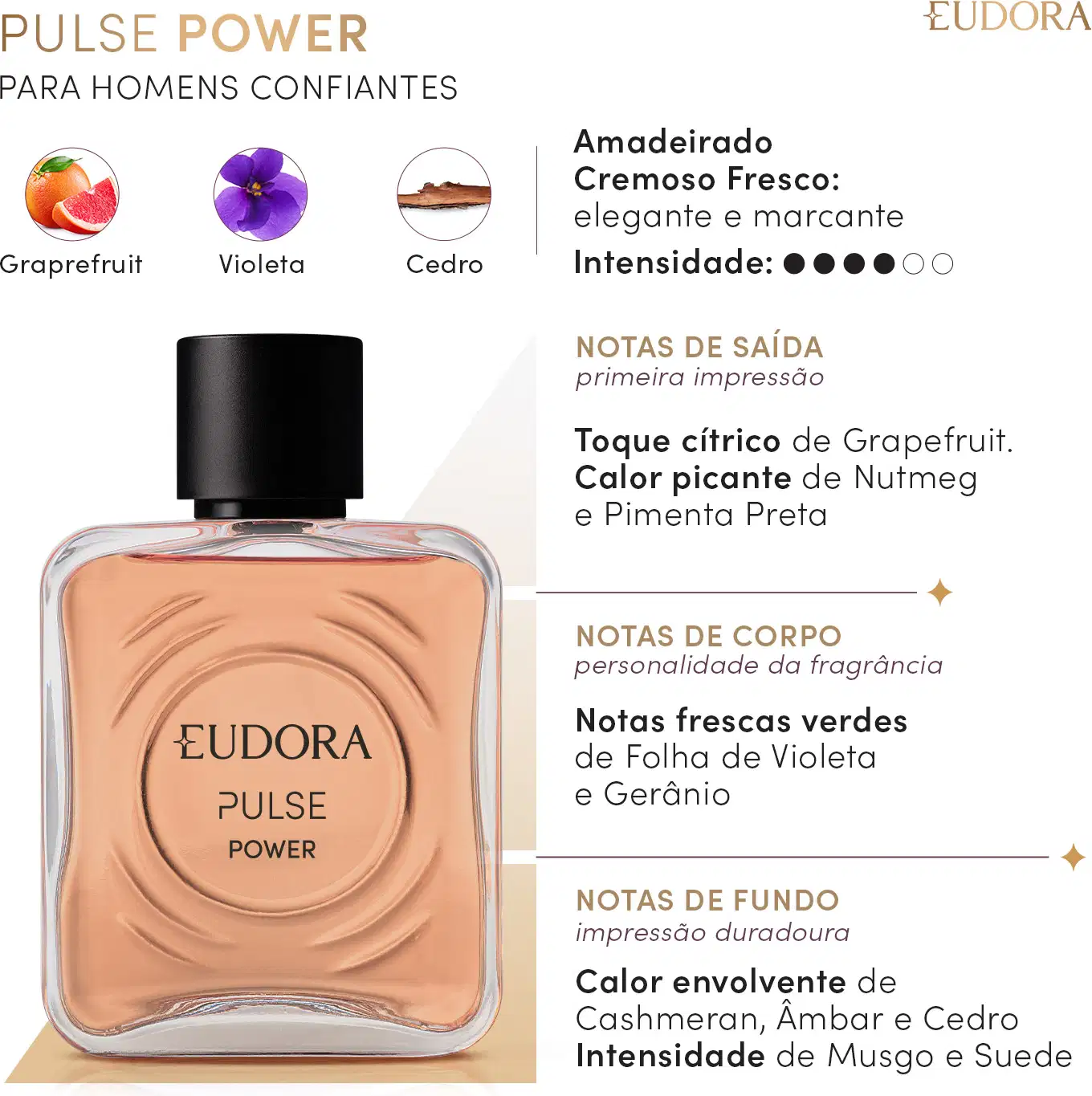 Card da Pirâmide Olfativa do produto Pulse Power: para homens confiantes. Família olfativa: Amadeirado Cremoso Fresco: elegante e marcante. Intensidade 4 de 6. Abaixo, temos as indicações e características das notas de saída, de corpo e de fundo.