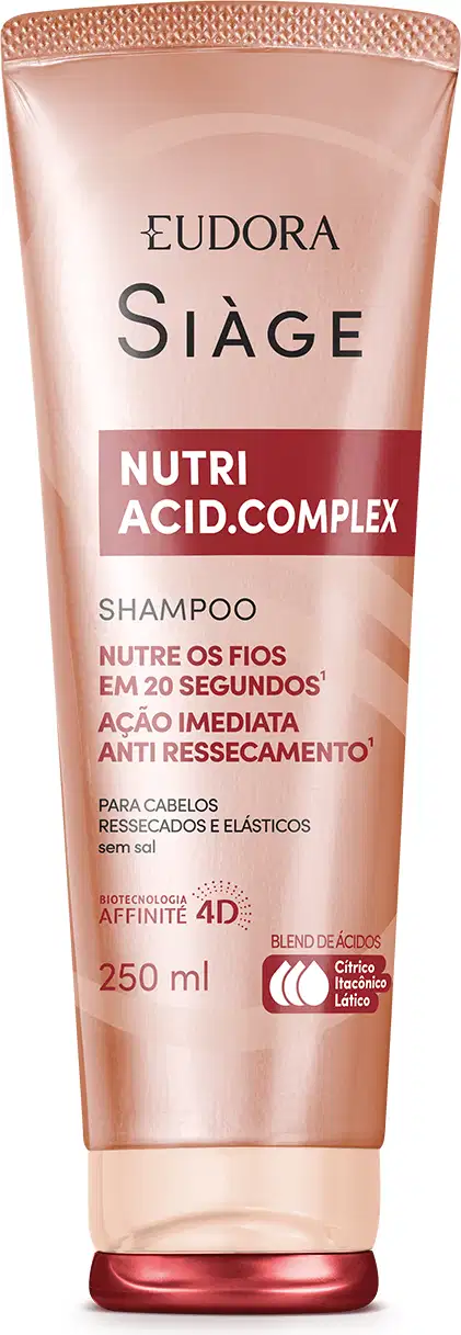 Frasco de shampoo Siàge Nutri Acid Complex, com embalagem tipo bisnaga, tampa na parte inferior. Embalagem rosa e detalhes em vermelho, contendo 250 ml do produto. O rótulo destaca os benefícios do complexo de ácidos como nutir em 20 segundos.