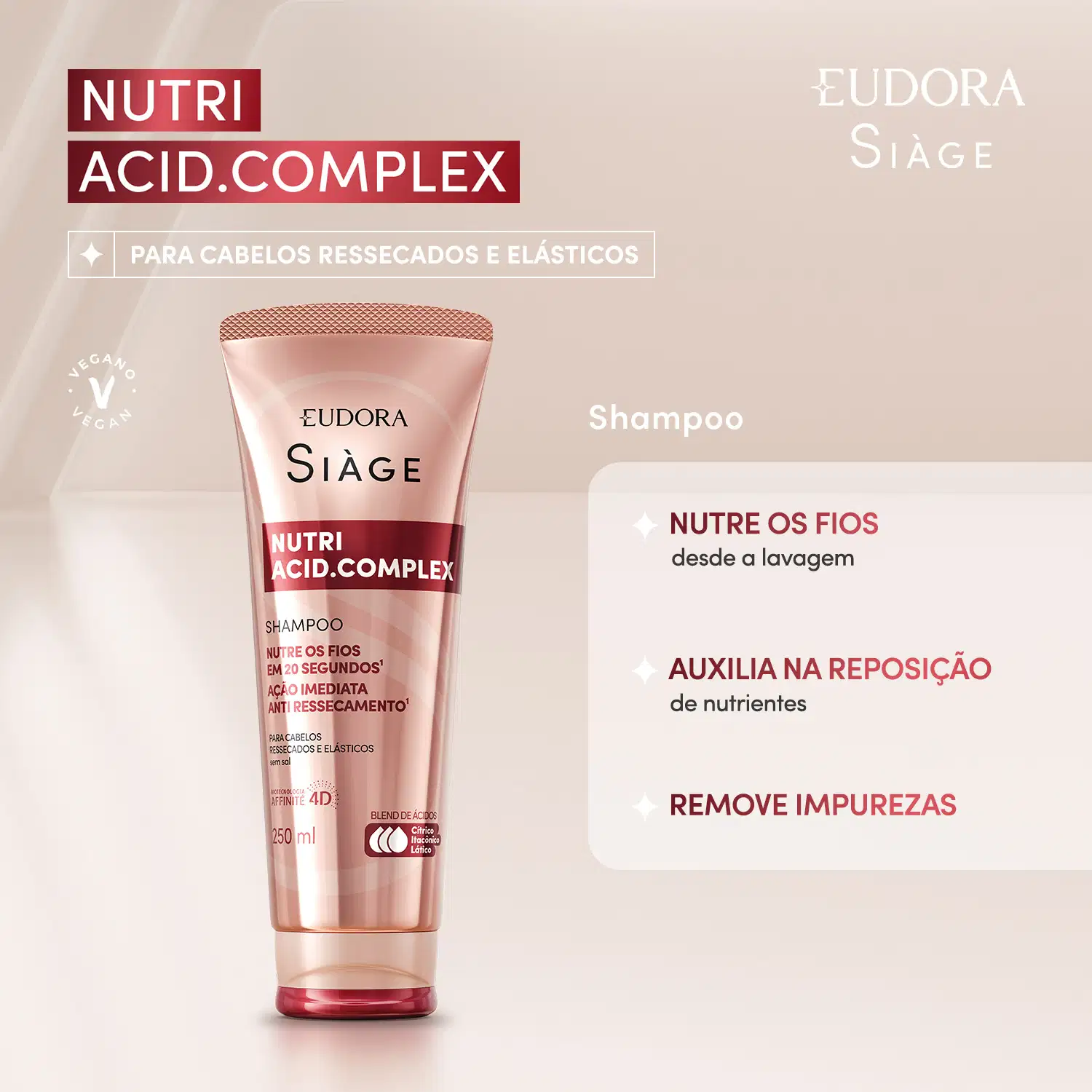 Card do produto com as informações ao lado da imagem da embalagem: Nutri Acid.Complex Shampoo para cabelos ressecados e elásticos. Nutre os fios desde a lavagem, auxilia na reposição de nutrientes e remove impurezas.