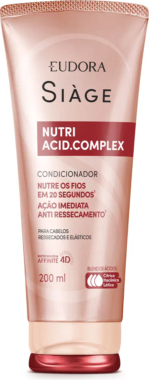 Frasco de condicionador Siàge Nutri Acid Complex, com embalagem tipo bisnaga, tampa na parte inferior. Embalagem rosa e detalhes em vermelho, contendo 200 ml do produto. O rótulo destaca os benefícios do complexo de ácidos como nutir em 20 segundos.