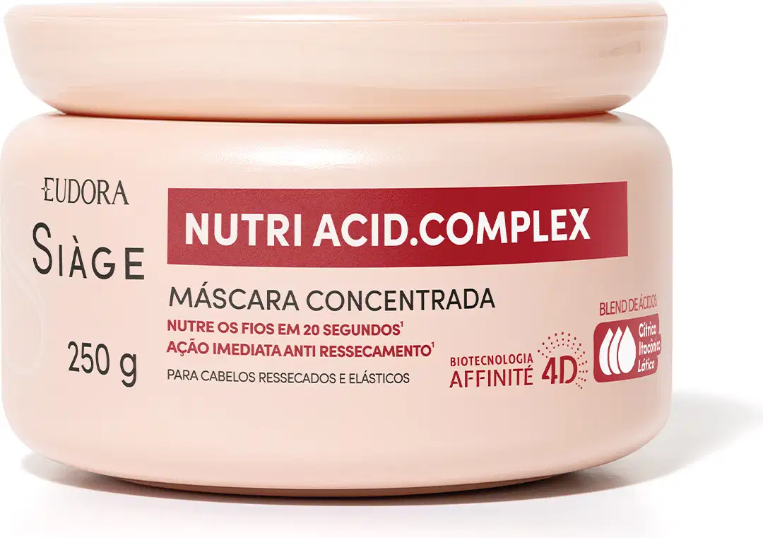Pote redondo de máscara capilar Nutri Acid Complex da linha Siàge, com 250g, embalagem rosa clara e rótulo vermelho destacando os benefícios do produto para cabelos ressecados e elásticos.