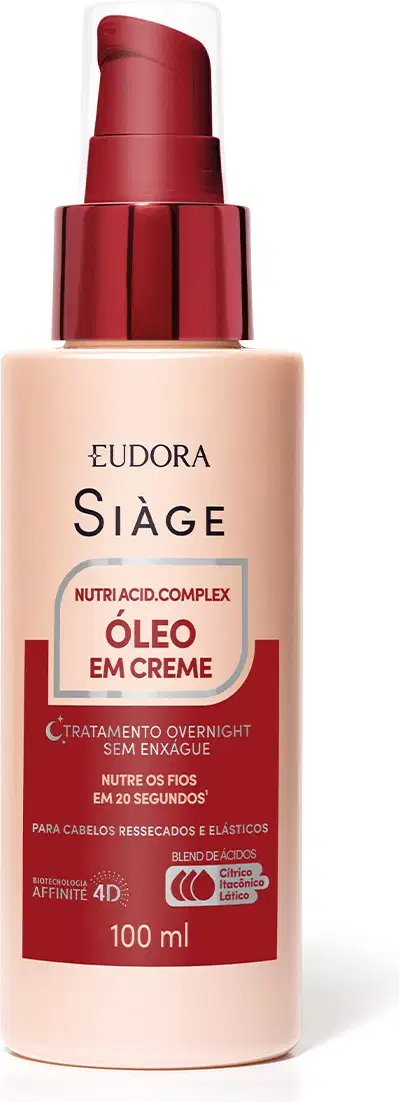 Frasco de creme Siàge Nutri Acid Complex Óleo em Creme, com embalagem tipo pump, vermelha e branca, contendo 100 ml do produto. O rótulo destaca o tratamento overnight sem enxágue para cabelos ressecados e elásticos.