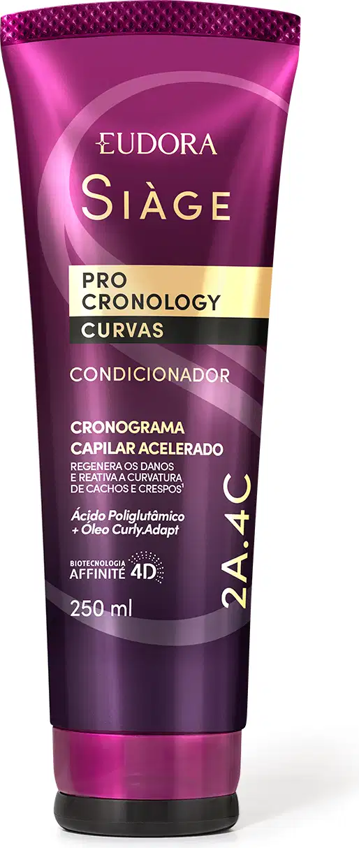 O produto apresentado é um condicionador da linha Siàge Pro Cronology Curvas. A embalagem é um tubo de plástico de cor roxa com detalhes em dourado. O rótulo indica que conta com a tecnologia "Affinity 4D" e promete um cronograma capilar acelerado.