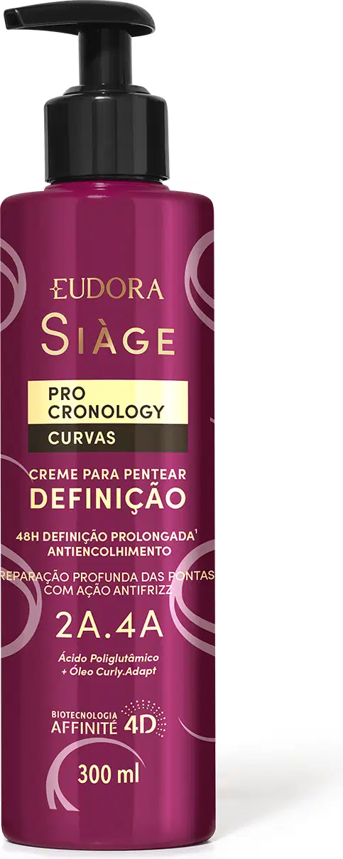 O produto apresentado é um Creme para Pentear - Definição da linha Siàge Pro Cronology Curvas. A embalagem é um frasco plástico de cor rosa escuro com um rótulo. Possui um aplicador tipo bomba para facilitar a aplicação do produto.
