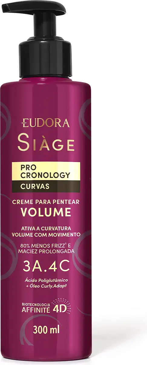 O produto apresentado é um Creme para Pentear - Volume da linha Siàge Pro Cronology Curvas. A embalagem é um frasco plástico de cor rosa escuro com um rótulo. Possui um aplicador tipo bomba para facilitar a aplicação do produto.