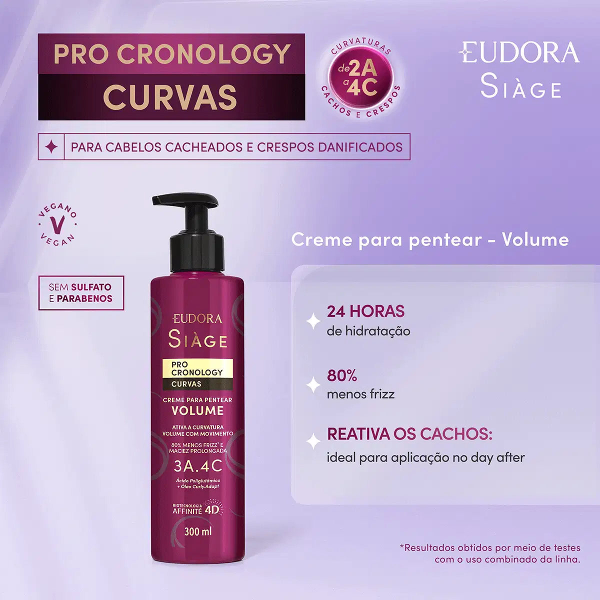 Card do produto Creme para Pentear - Volume de nutrição da linha Pro Cronology da marca Eudora Siàge. Ao lado do produto, os dizeres: 24h de hidratação; 80% menos frizz; reativa os cachos: ideal para aplicação no day after.