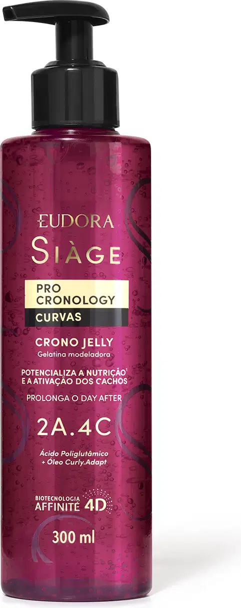 O produto apresentado é o Finalizador Crono Jelly da linha Siàge Pro Cronology Curvas. A embalagem é um frasco plástico de cor rosa escuro com um rótulo. Possui um aplicador tipo bomba para facilitar a aplicação do produto.