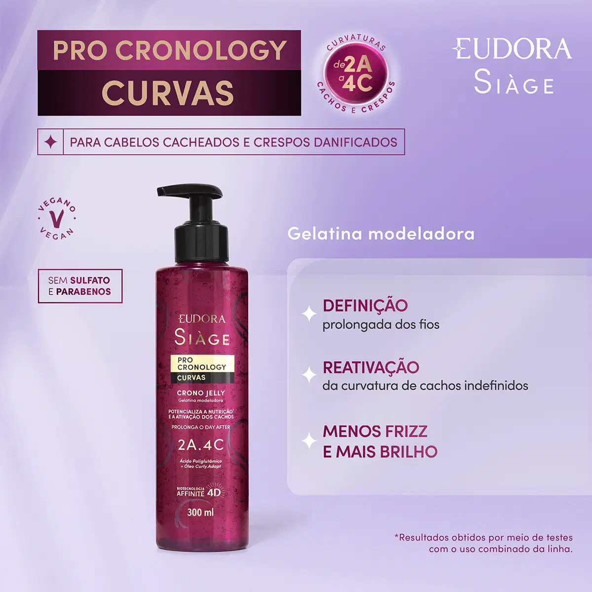 Card do produto Finalizador Crono Jelly da linha Pro Cronology da marca Eudora Siàge. Ao lado do produto, os dizeres: Definição prolongada dos fios; Reativação da curvatura de cachos indefinidos; Menos frizz e mais brilho.