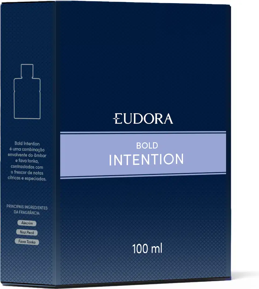 A embalagem é uma caixa de cor azul escura, com detalhes em cinza claro. O frasco possui um design simples e elegante, com uma forma retangular. O tamanho do produto indicado na embalagem é de 100 ml.