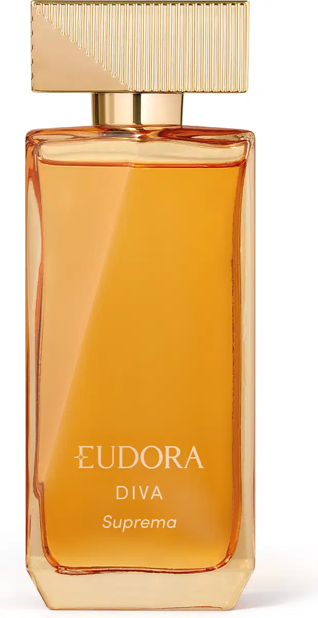 O produto apresentado na imagem é um frasco do Desodorante Colônia da linha Diva Suprema da marca Eudora. O frasco possui um formato retangular com linhas verticais em relevo, dando um aspecto elegante e sofisticado.