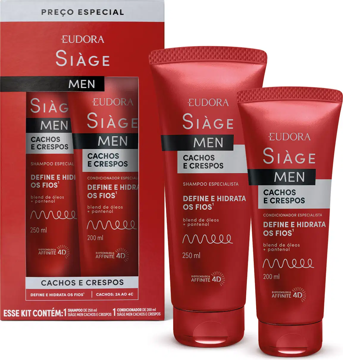 A imagem mostra um conjunto de shampoo e condicionador para cabelos cacheados e crespos da linha Siàge Men. As embalagens são vermelhas com escritos em prateado. À frente temos os produtos sozinhos, ao fundo, eles estão dentro da caixa onde vêm embalados.