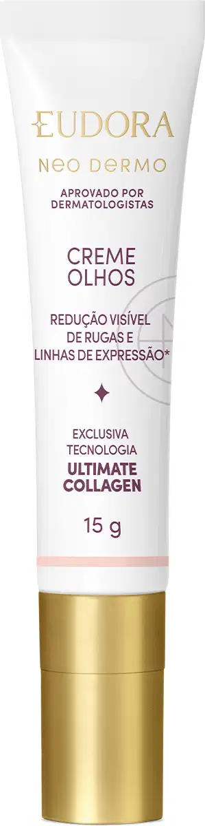 O produto apresentado é um creme para os olhos da linha Neo Dermo da marca Eudora. A embalagem é um tubo branco com detalhes dourados, contendo 15 g do produto.