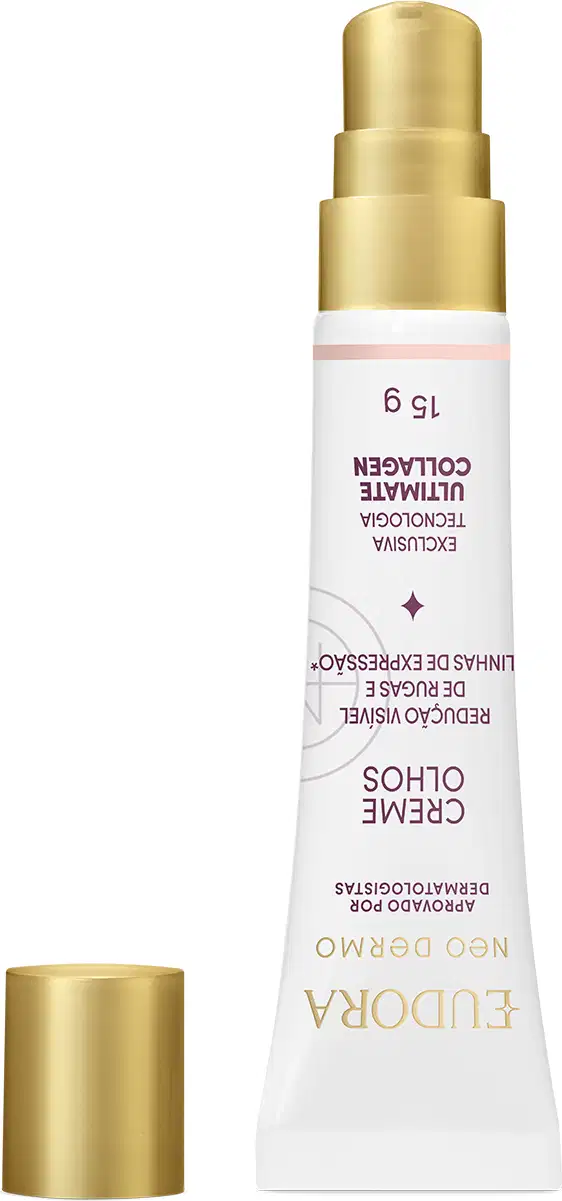 O produto apresentado é um creme para olhos da marca Neo Dermo, em um frasco de plástico branco com tampa dourada. O frasco possui um design cilíndrico e uma bomba de aplicação na parte superior.