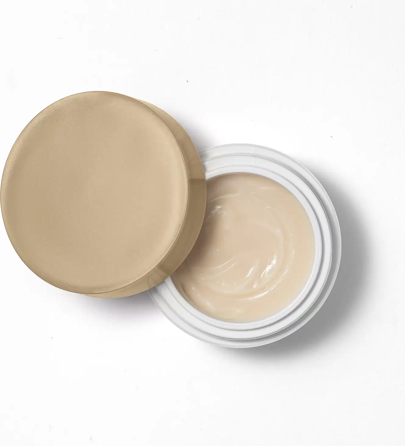 Imagem vista de cima do produto Creme de Contorno Facial, com a tampa aberta, sendo possível ver a parte interna do recipiente, que indica uma textura cremosa e lisa.