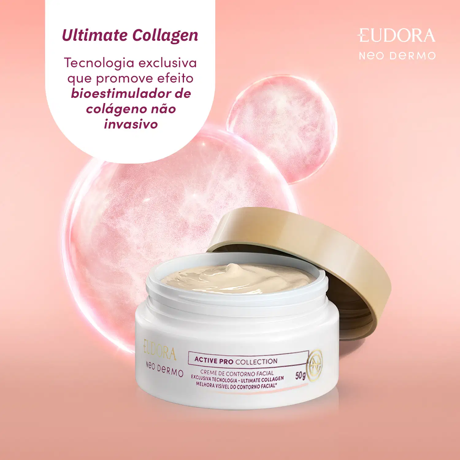 O Creme de Contorno Facial está no centro da imagem, que mostra umas bolhas atrás. Acima, temos escrito: Ultimate Collagen, tecnologia exclusiva que promove efeito bioestimulador de colágeno não invasivo.