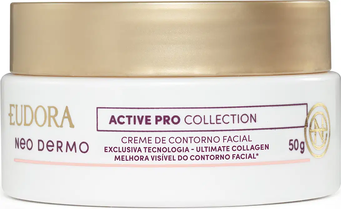 O produto apresentado é um creme de contorno facial da linha Neo Dermo da marca Eudora. A embalagem é um pote branco com uma tampa dourada
.