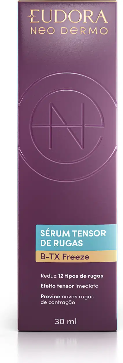 Caixa roxa da marca Eudora Neo Dermo contendo frasco de sérum tensor de rugas com texto "B-TX Freeze" e informações sobre o produto.