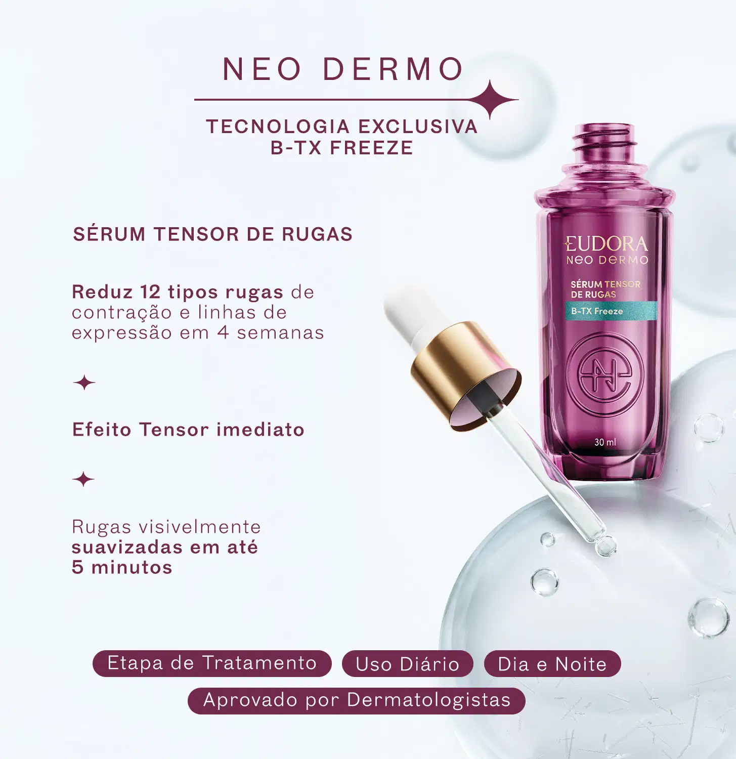 Card de benefícios do produto. Em texto: Tecnologia exclusiva B-TX Freeze, Reduz 12 tipos de rugas de contração e linhas de expressão, efeito tensor imediato. Indicação de uso diário, para etapa de tratamento, dia e noite e aprovado por dermatologistas.