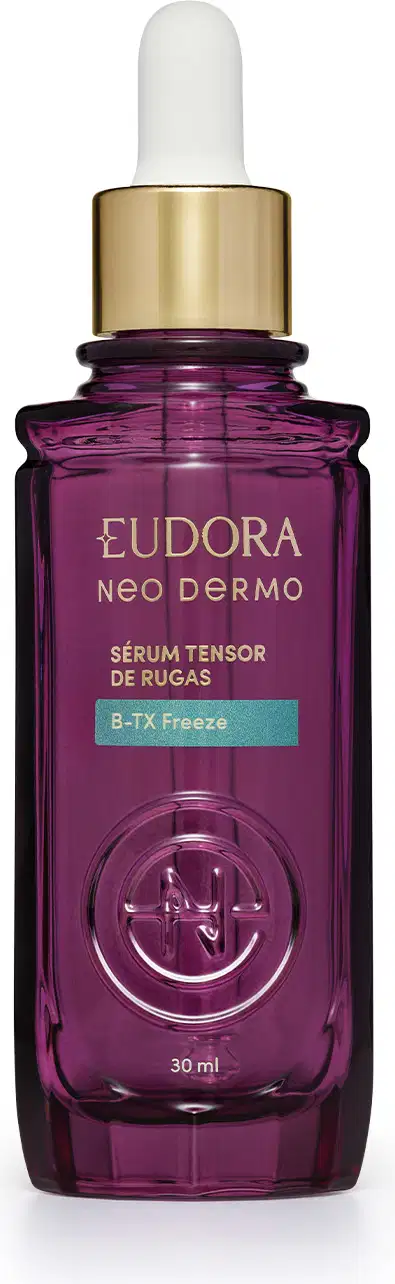 Frasco roxo com conta-gotas branco e dourado, com rótulo da marca Eudora Neo Dermo e texto "Sérum tensor de rugas B-TX Freeze" em destaque.