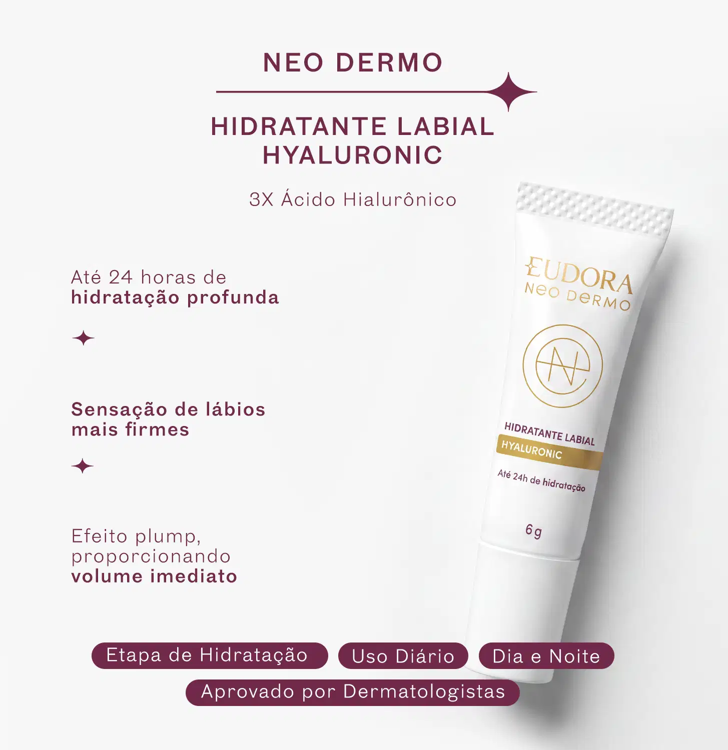 Card de benefícios do Hidratante Labial Hyaluronic. Em texto: 3x Ácido Hialurônico, 24h de hidratação, sensação de lábios firmes e efeito plump, promovendo volume imediato. Indicação de uso diário, dia e noite e aprovado por dermatologistas.
