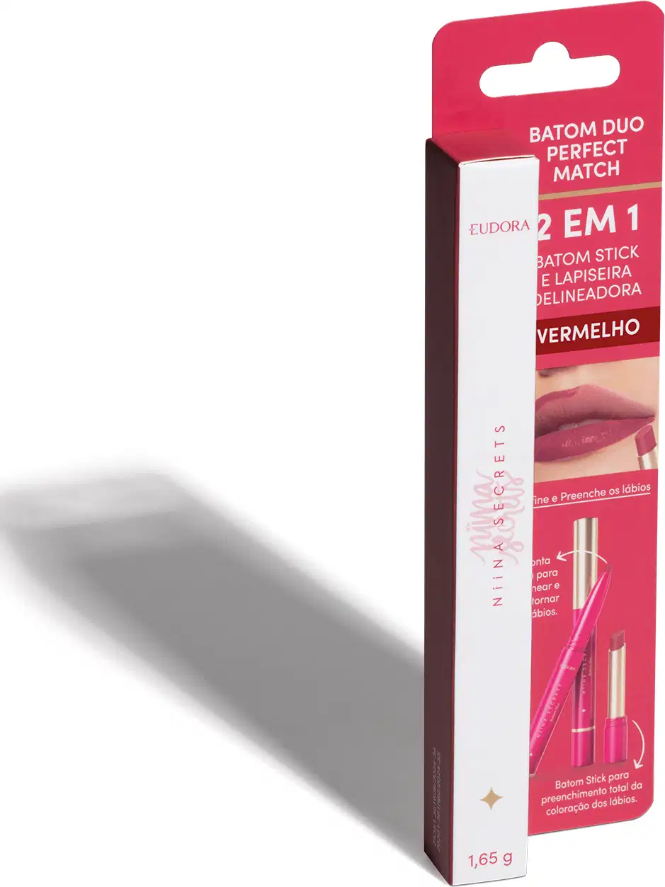 Embalagem do produto "Batom Duo Perfect Match" da marca Niina Secrets, com a embalagem em rosa e branco. O rótulo indica a descrição "2 em 1 Batom Stick e Lapiseira Delineadora".