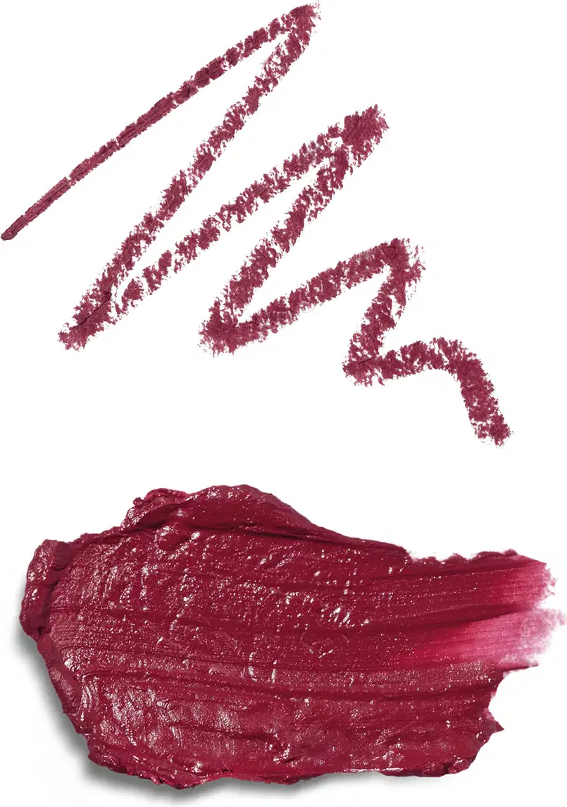 A embalagem não é visível na imagem, que mostra apenas a textura do produto. Na primeira, o risco da lapiseira delineadora e a segunda do batom, ambos na cor rosa.