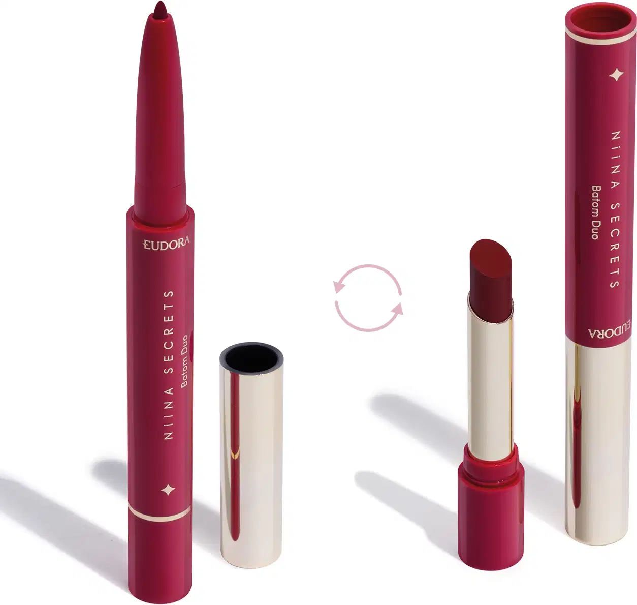 O produto apresentado na imagem é um batom da marca Niina Secrets Eudora. São dois produtos em um: uma lapiseira delineadora com a ponta afiada e o batom em formato stick. Todos os itens possuem detalhes em branco e vermelho.
