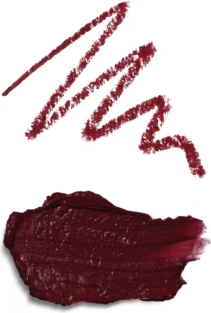 A embalagem não é visível na imagem, que mostra apenas a textura do produto. Na primeira, o risco da lapiseira delineadora e a segunda do batom, ambos na cor vermelho escuro.