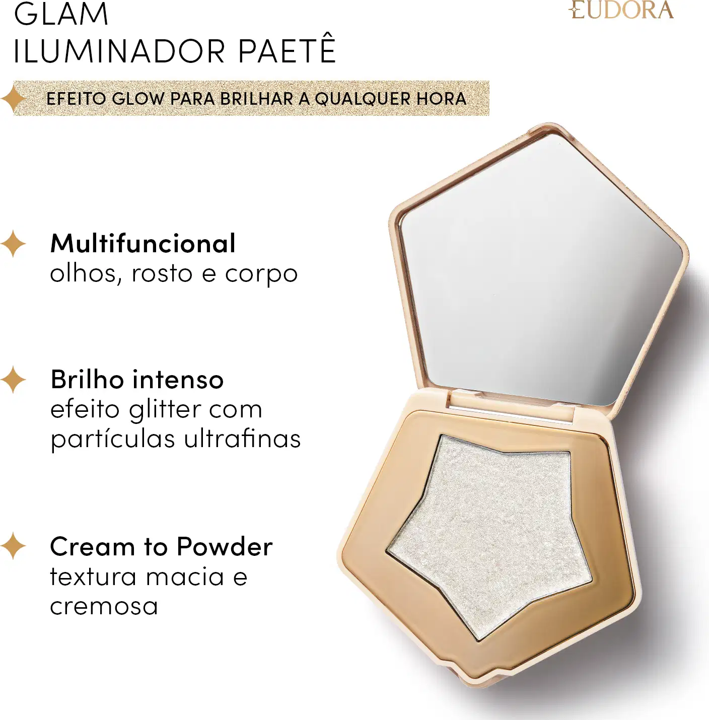 Card do Glam Iluminador Paetê: efeito glow para brilhar a qualquer hora. Imagem do produto aberto e ao lado os claims: Multifuncional: olhos, rosto e corpo; Brilho intenso: efeito glitter com partículas ultrafinas; Cream to Powder: textura macia e cremosa