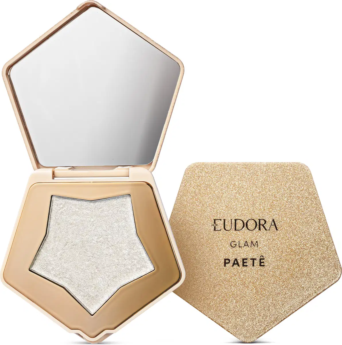 O produto apresentado é um item de maquiagem da marca Eudora, da linha Glam. Trata-se de um Iluminador com espelho, em formato pentagonal, com uma estrutura dourada. Dentro, há um pó iluminador prateado e espelho na parte interna da tampa.