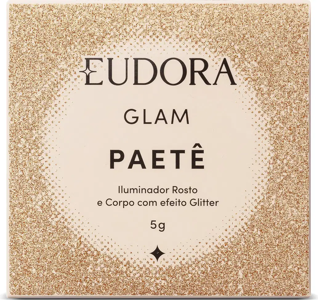 Embalagem do produto Glam Paete da marca Eudora. Possui um fundo dourado brilhante, com o nome da marca em destaque no centro, seguido pela descrição "GLAM PAETE" e informações adicionais sobre o produto: iluminador rosto e corpo com efeito glitter, 5g.