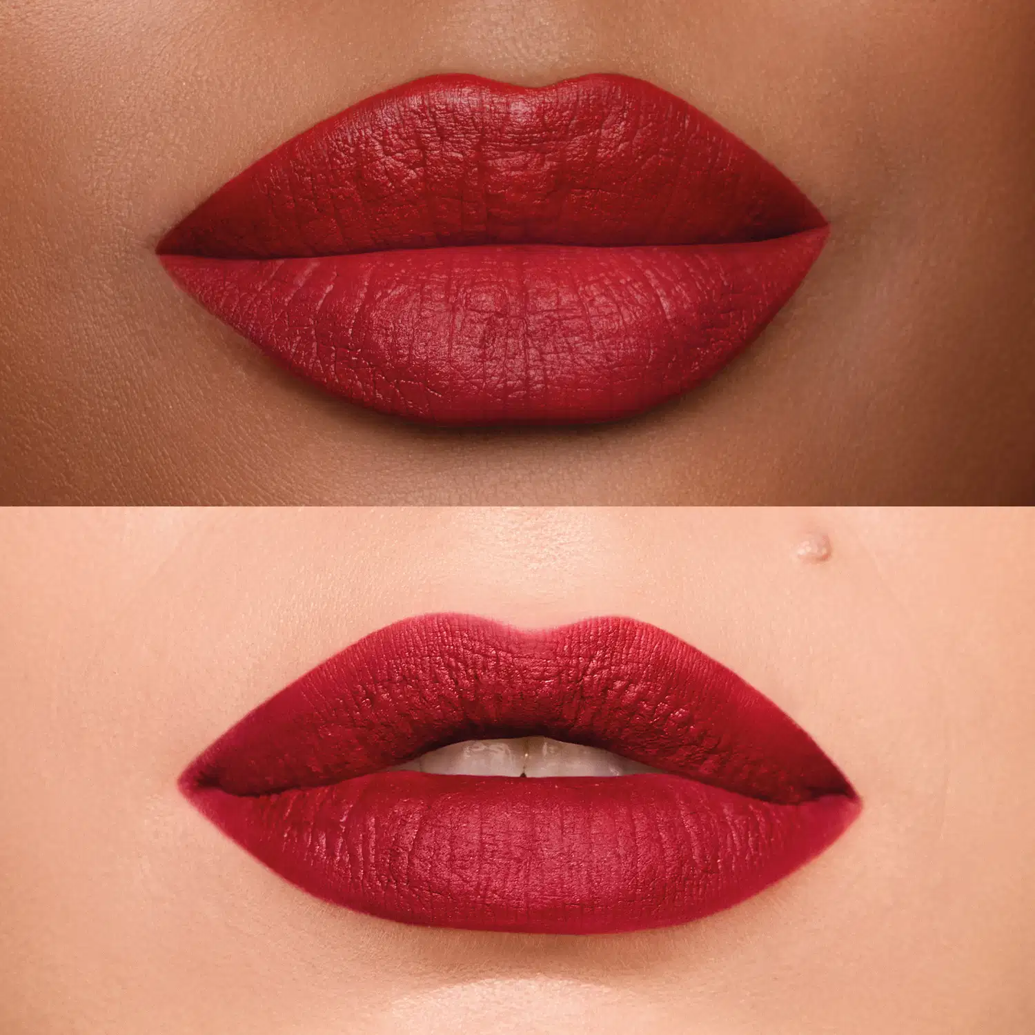 Imagem comparativa da aplicação do batom em lábio de pele parda e de pele branca. Na pele parda, o batom exibe cor vermelho intenso, na pele branca, o vermelho intenso ganha um leve tom vinho.