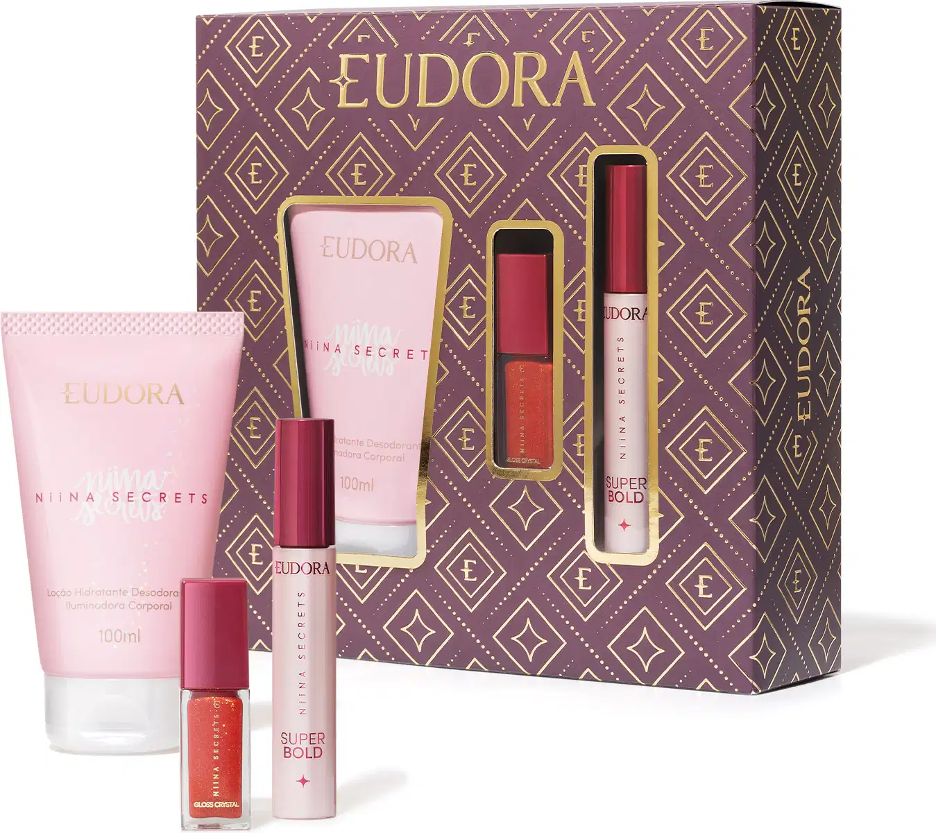 O conjunto de produtos Eudora apresentado inclui uma loção hidratante corporal, uma máscara para cílios e um gloss labial da linha Niina Secrets de Eudora. Junto, temos uma embalagem composta por uma caixa com padrões geométricos em tons de roxo e dourado