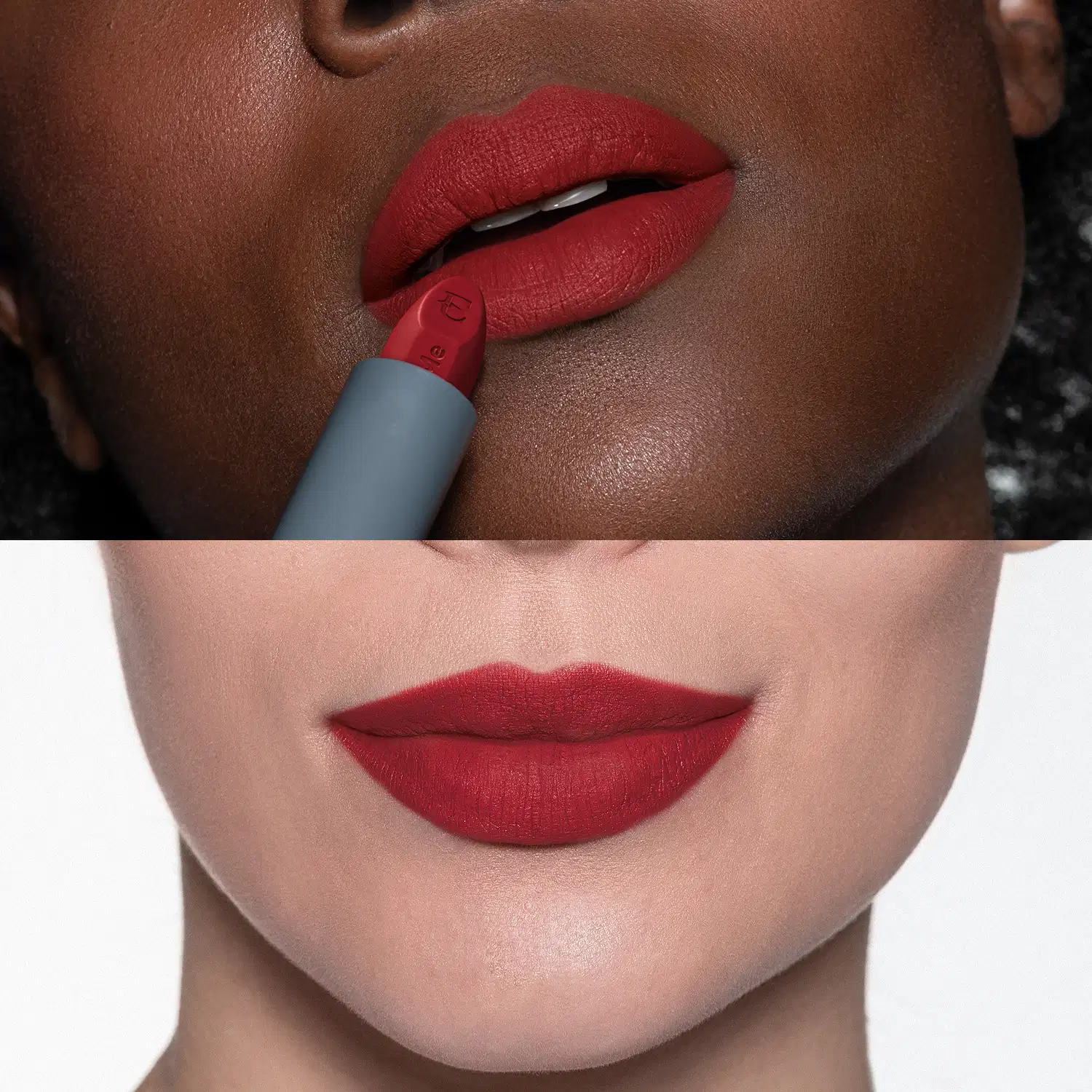 Lábios femininos com batom vermelho matte em destaque, aplicado com um aplicador de batom vermelho e base cinza, em um fundo escuro e desfocado.