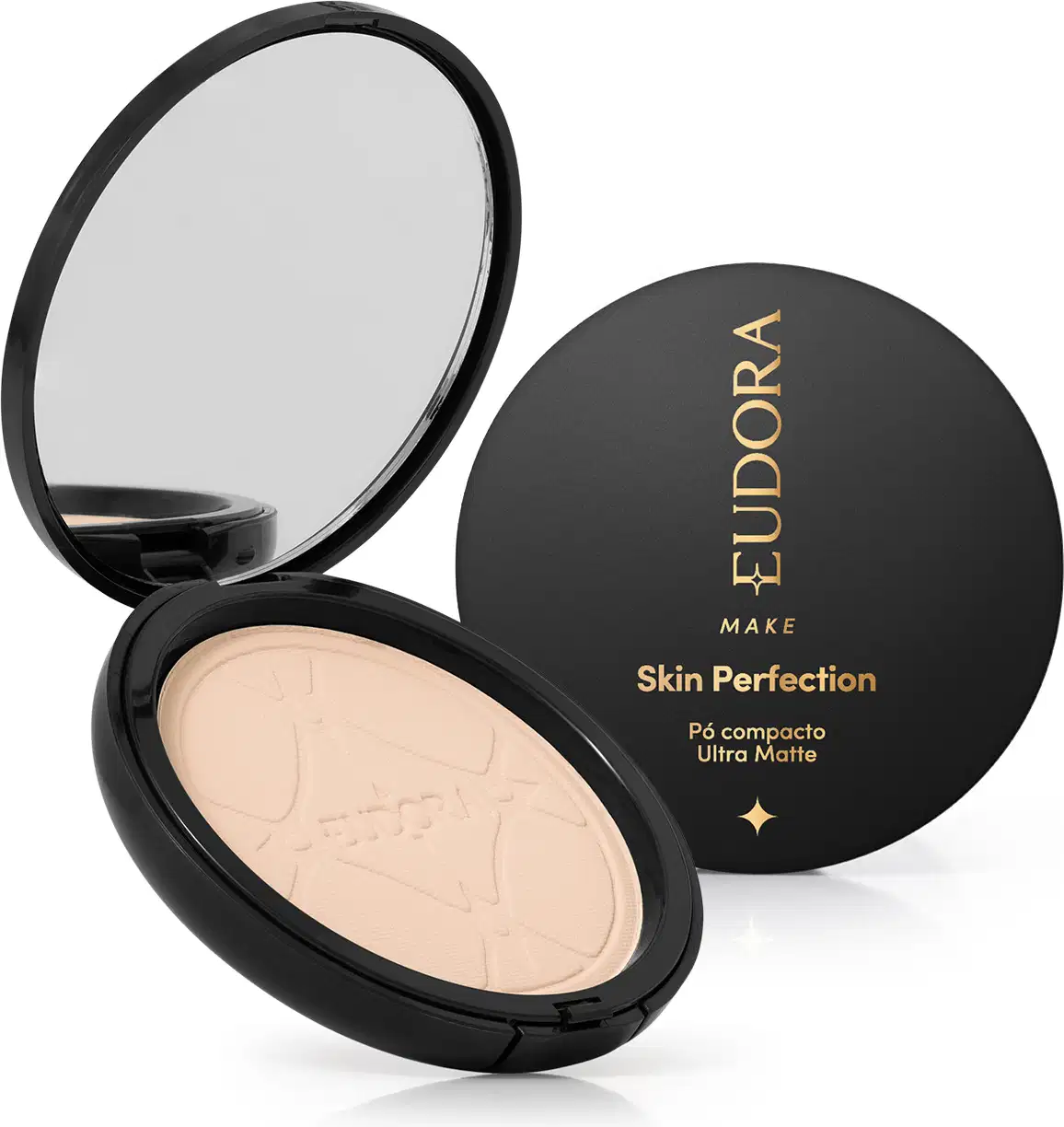 Pó compacto ultra matte da marca Eudora Make, com embalagem preta redonda e texto dourado "Skin Perfection" na tampa. 
