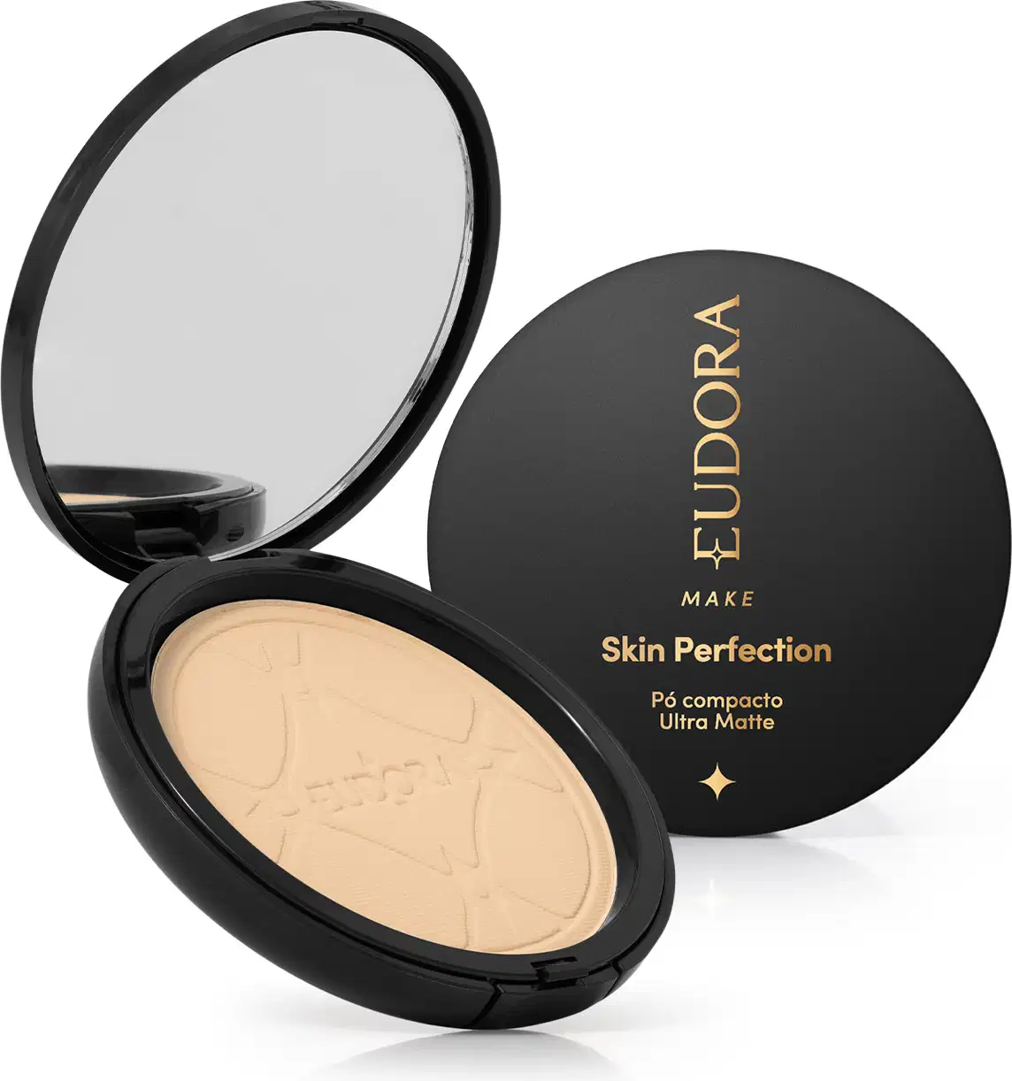 Pó compacto ultra matte da marca Eudora Make, com embalagem preta redonda e texto dourado "Skin Perfection" na tampa. 
