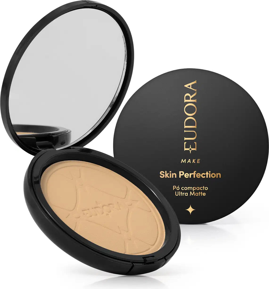 Pó compacto ultra matte da marca Eudora Make, com embalagem preta redonda e texto dourado "Skin Perfection" na tampa. 
