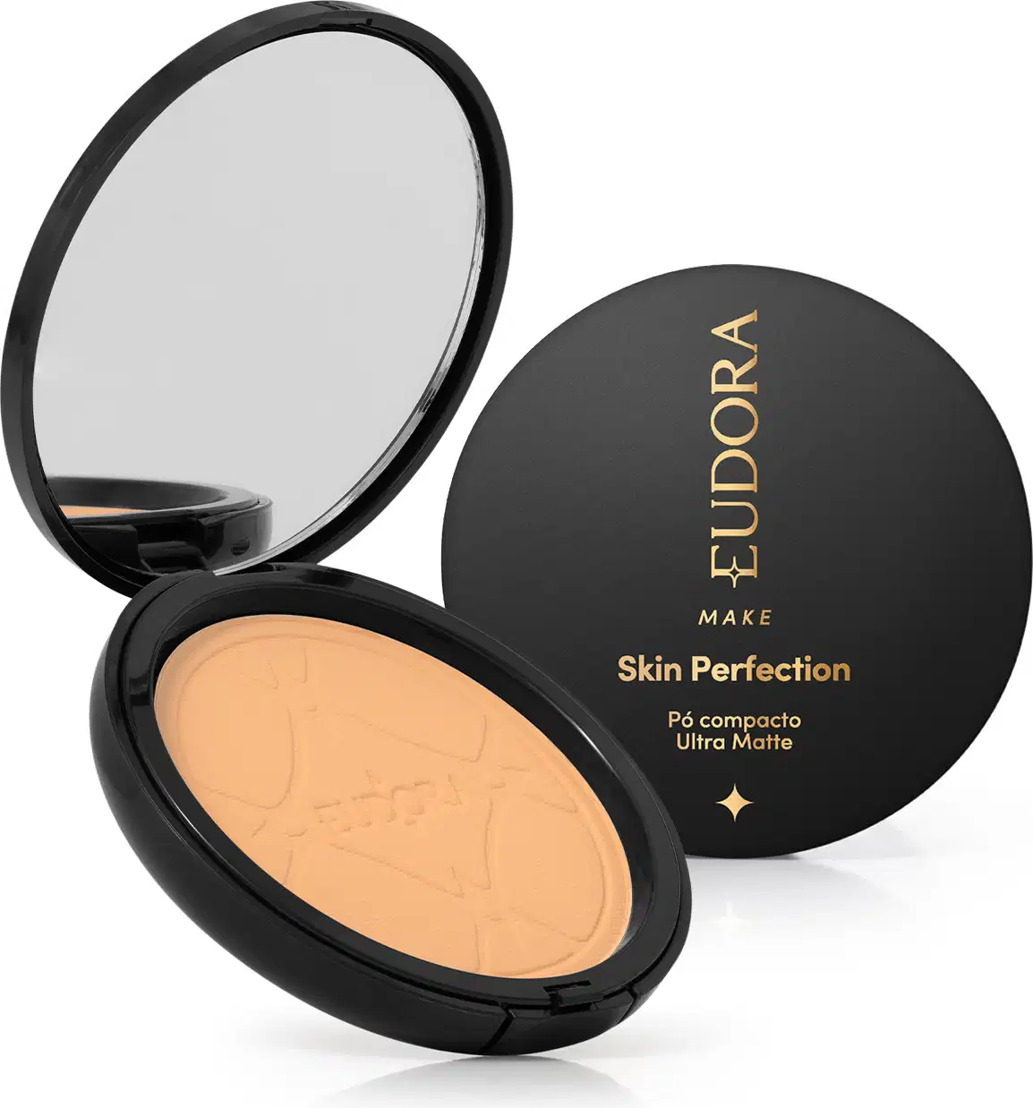 Pó compacto ultra matte da marca Eudora Make, com embalagem preta redonda e texto dourado "Skin Perfection" na tampa. 
