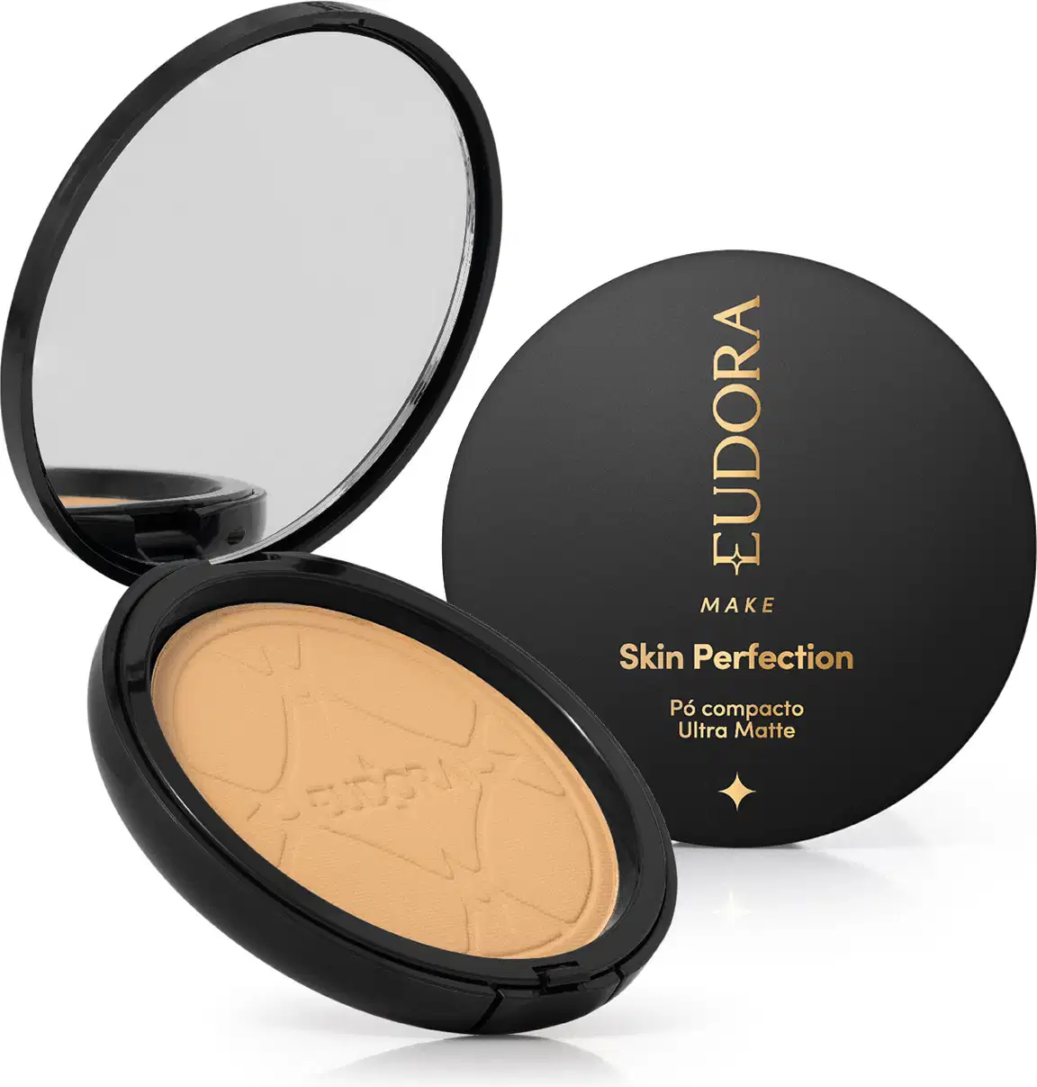 Pó compacto ultra matte da marca Eudora Make, com embalagem preta redonda e texto dourado "Skin Perfection" na tampa. 

