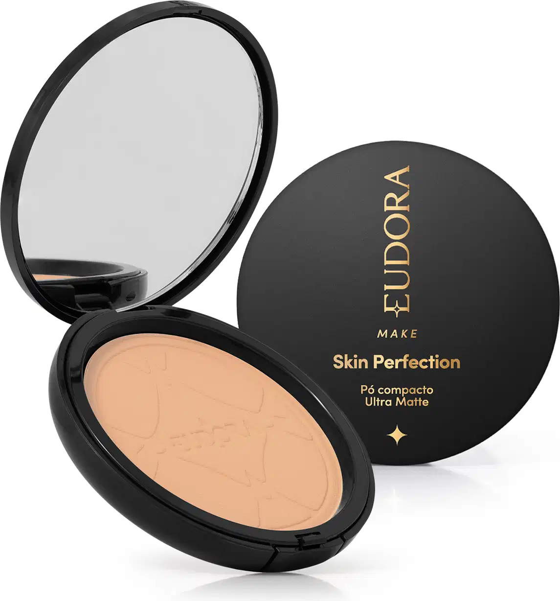 Pó compacto ultra matte da marca Eudora Make, com embalagem preta redonda e texto dourado "Skin Perfection" na tampa. 
